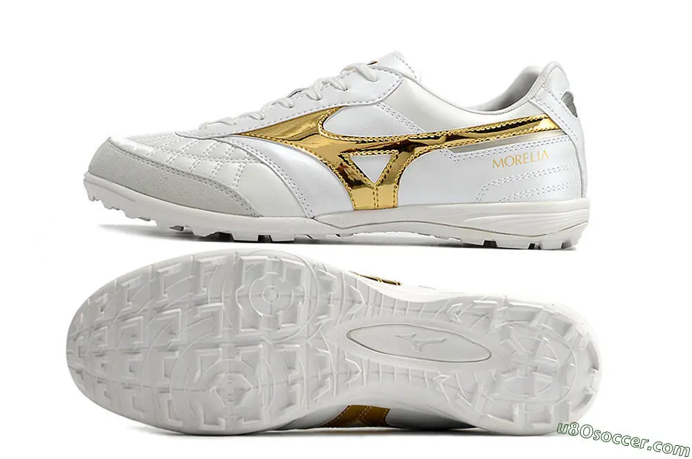 White and Gold TF Artificial Turf Soccer Shoes - Mizuno Morelia