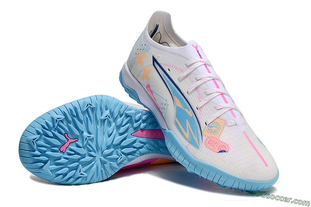 Puma Ultra 5 Ultimate TF Artificial Turf Soccer Shoes - White/Blue/Pink/Yellow 3