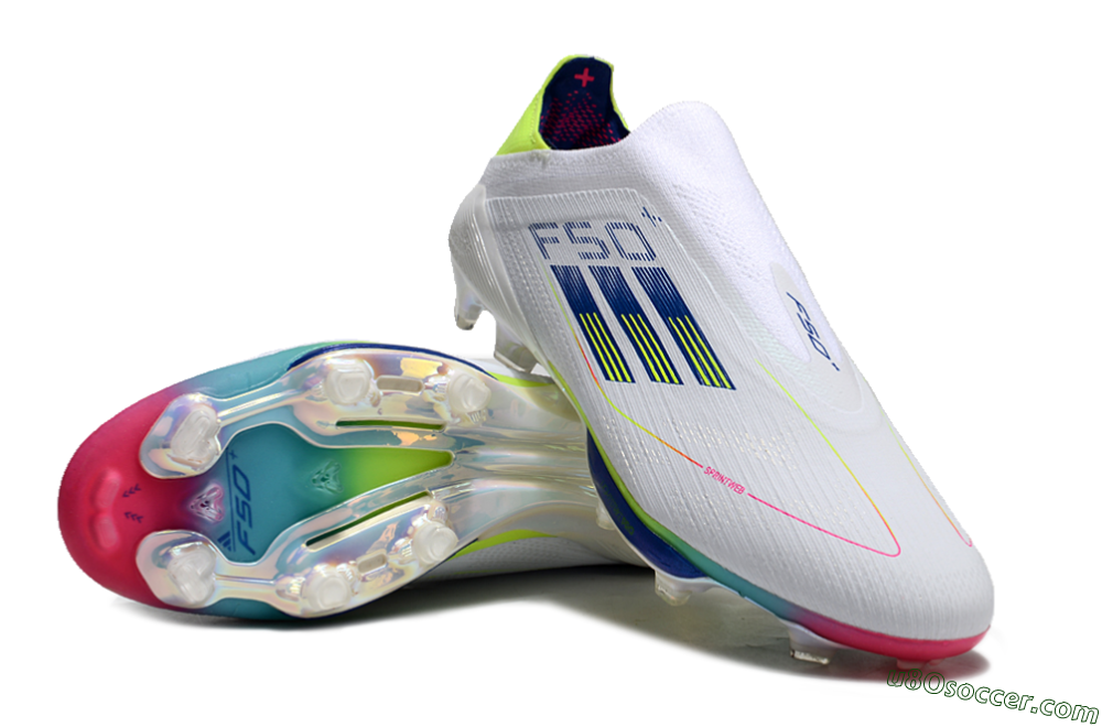 Adidas F50+ Lightstrike Pro Laceless FG Firm Ground Soccer Cleats - White/Blue/Yellow/Pink 3