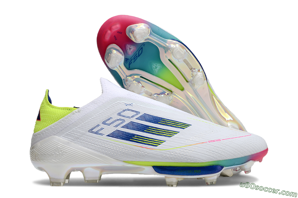 Adidas F50+ Lightstrike Pro Laceless FG Firm Ground Soccer Cleats - White/Blue/Yellow/Pink 1
