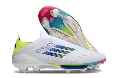 Adidas F50+ Lightstrike Pro Laceless FG Firm Ground Soccer Cleats - White/Blue/Yellow/Pink