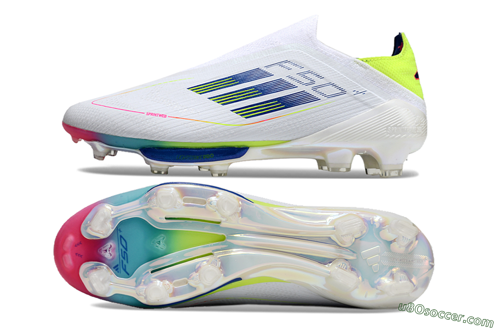 Adidas F50+ Lightstrike Pro Laceless FG Firm Ground Soccer Cleats - White/Blue/Yellow/Pink 0