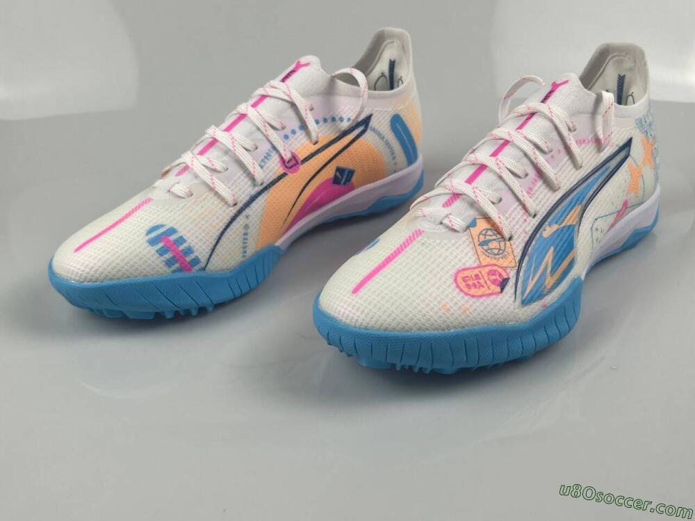 Puma Ultra 5 Ultimate TF Artificial Turf Soccer Shoes - White/Blue/Pink/Yellow