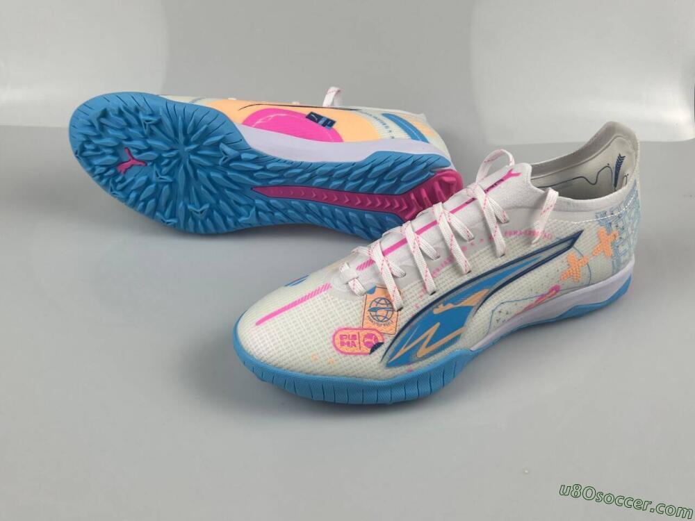 Puma Ultra 5 Ultimate TF Artificial Turf Soccer Shoes - White/Blue/Pink/Yellow