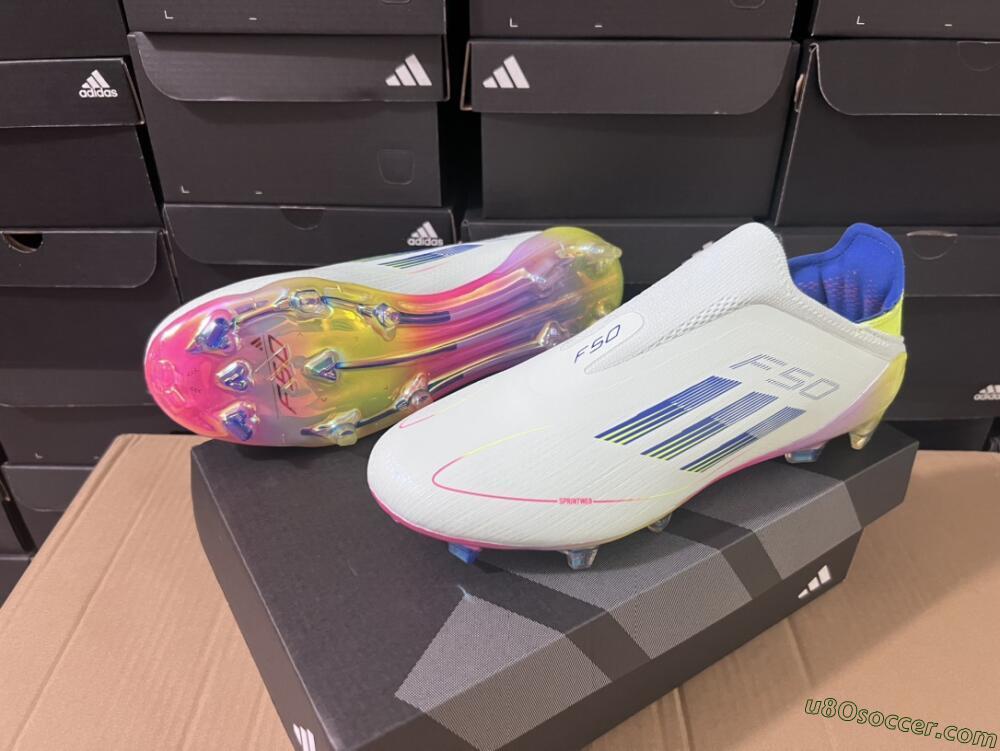 Adidas F50 Elite Laceless FG Firm Ground Soccer Cleats - White/Blue/Pink/Yellow