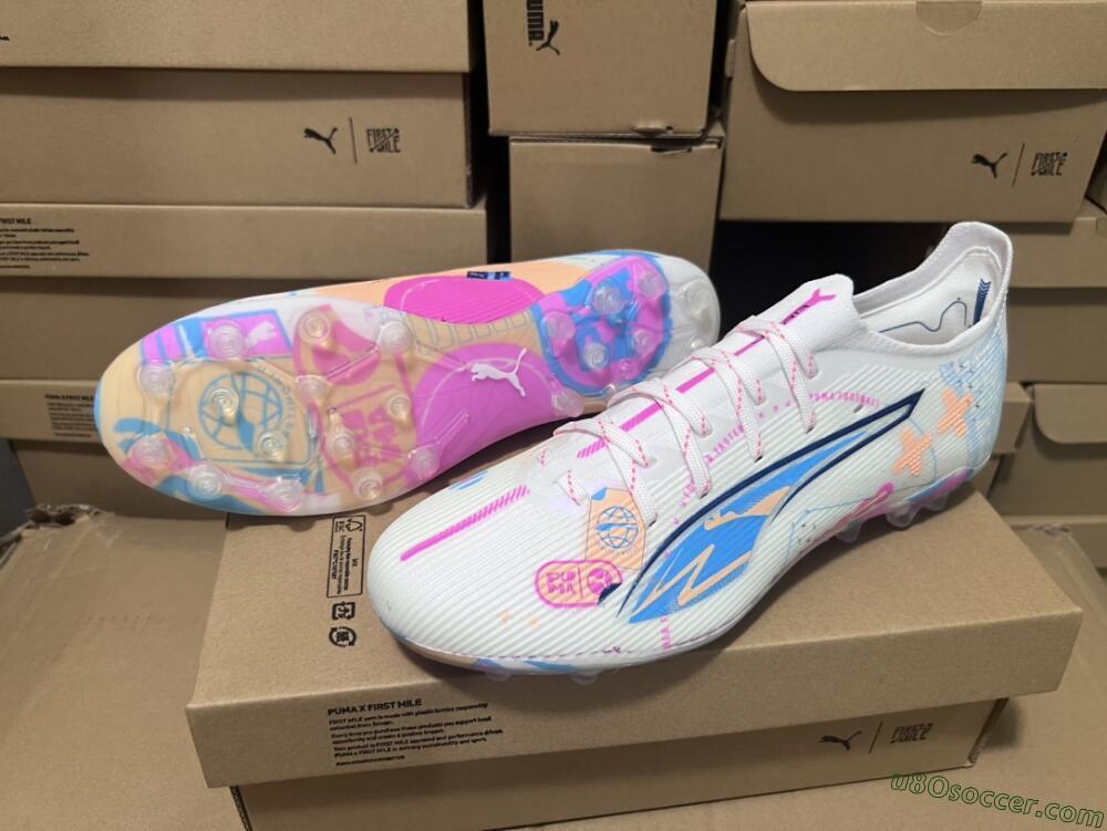Puma Ultra 5 Ultimate FG Firm Ground Soccer Cleats - White/Pink/Yellow/Blue