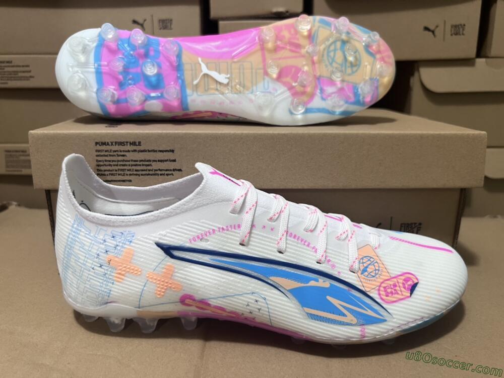 Puma Ultra 5 Ultimate FG Firm Ground Soccer Cleats - White/Pink/Yellow/Blue