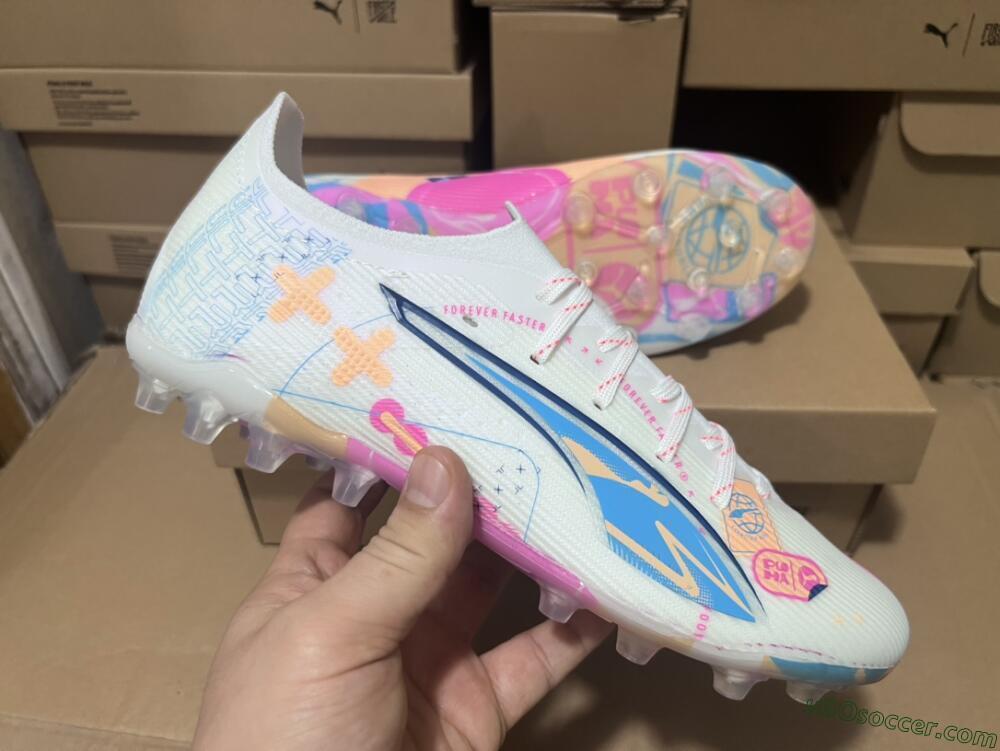 Puma Ultra 5 Ultimate FG Firm Ground Soccer Cleats - White/Pink/Yellow/Blue