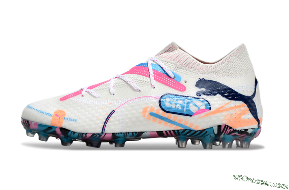 Puma Future Ultimate MG Multi Ground Soccer Cleats - White/Pink/Blue 2