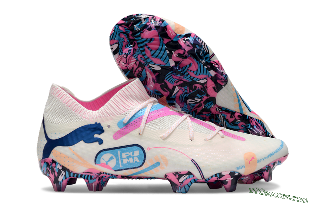 Puma Future Ultimate FG Firm Ground Soccer Cleats - White/Pink/Blue 1