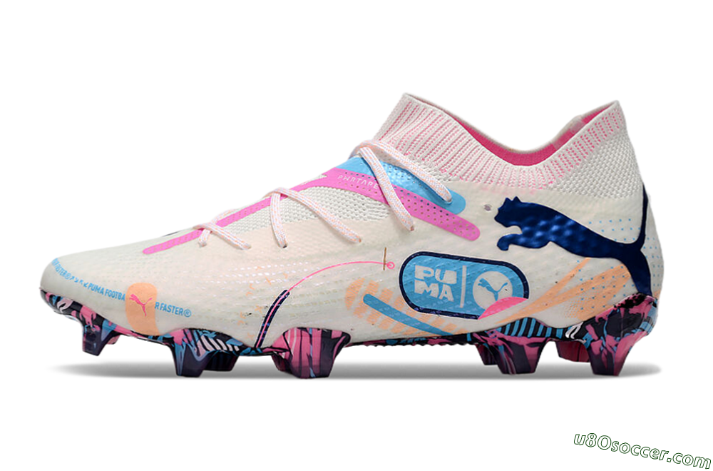 Puma Future Ultimate FG Firm Ground Soccer Cleats - White/Pink/Blue 2