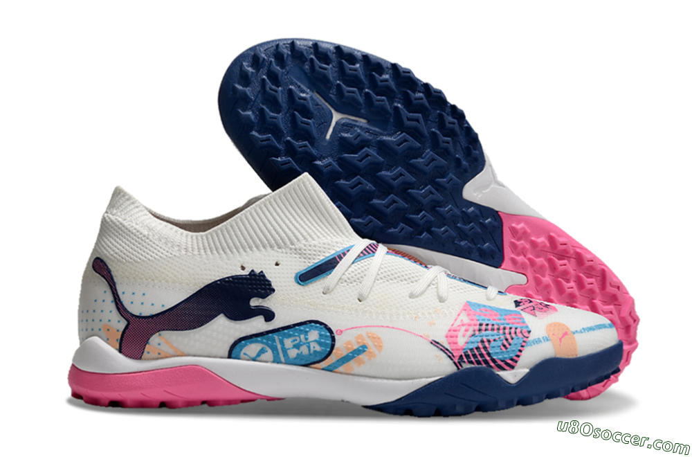 Puma Future Ultimate TF Artificial Turf Soccer Shoes - White/Pink/Blue 1