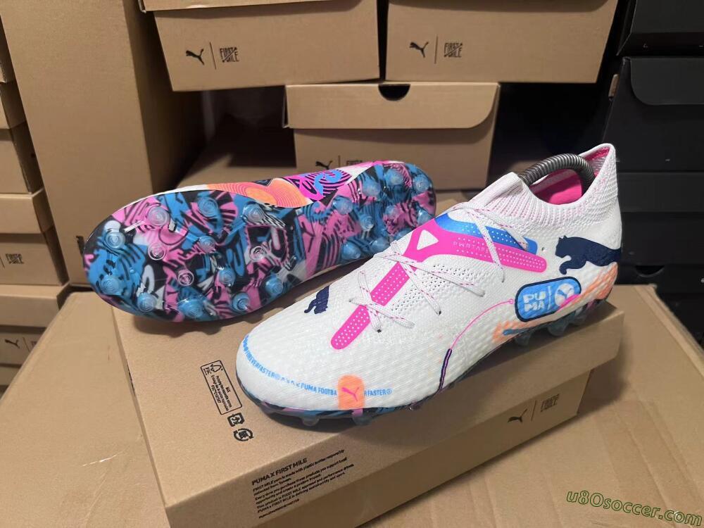 Puma Future Ultimate FG Firm Ground Soccer Cleats - White/Pink/Blue