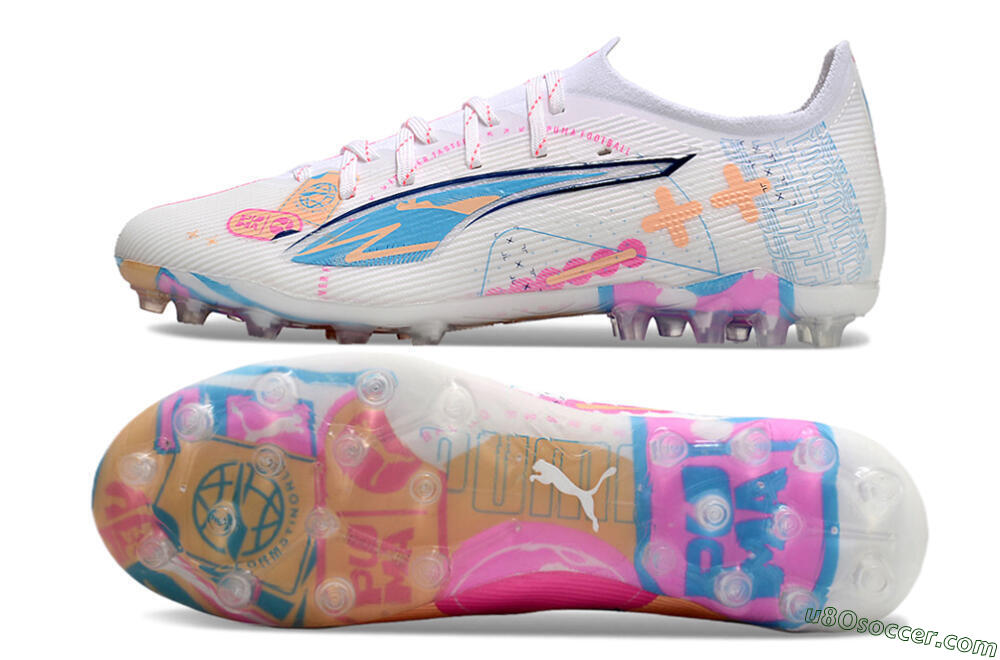 Puma Ultra 5 Ultimate MG Multi Ground Soccer Cleats - White/Blue/Pink 7