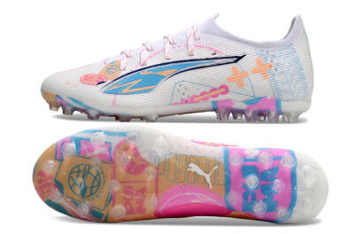 Puma Ultra 5 Ultimate MG Multi Ground Soccer Cleats - White/Blue/Pink