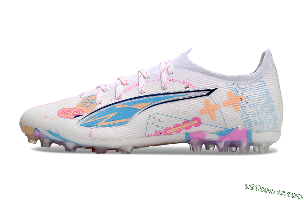 Puma Ultra 5 Ultimate MG Multi Ground Soccer Cleats - White/Blue/Pink 1
