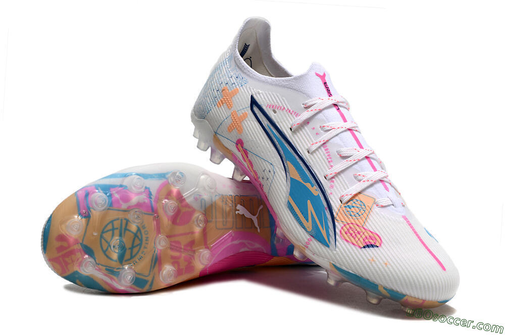 Puma Ultra 5 Ultimate MG Multi Ground Soccer Cleats - White/Blue/Pink 2