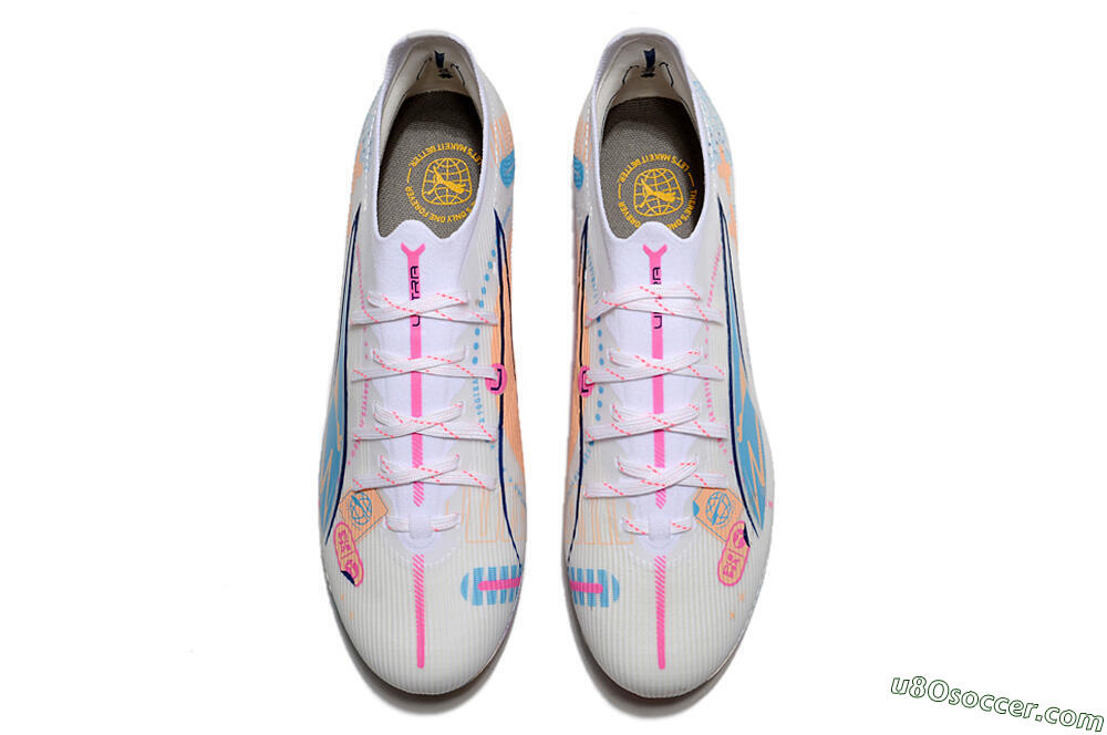 Puma Ultra 5 Ultimate MG Multi Ground Soccer Cleats - White/Blue/Pink 3