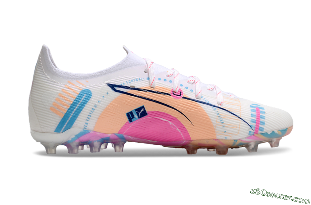 Puma Ultra 5 Ultimate MG Multi Ground Soccer Cleats - White/Blue/Pink 6