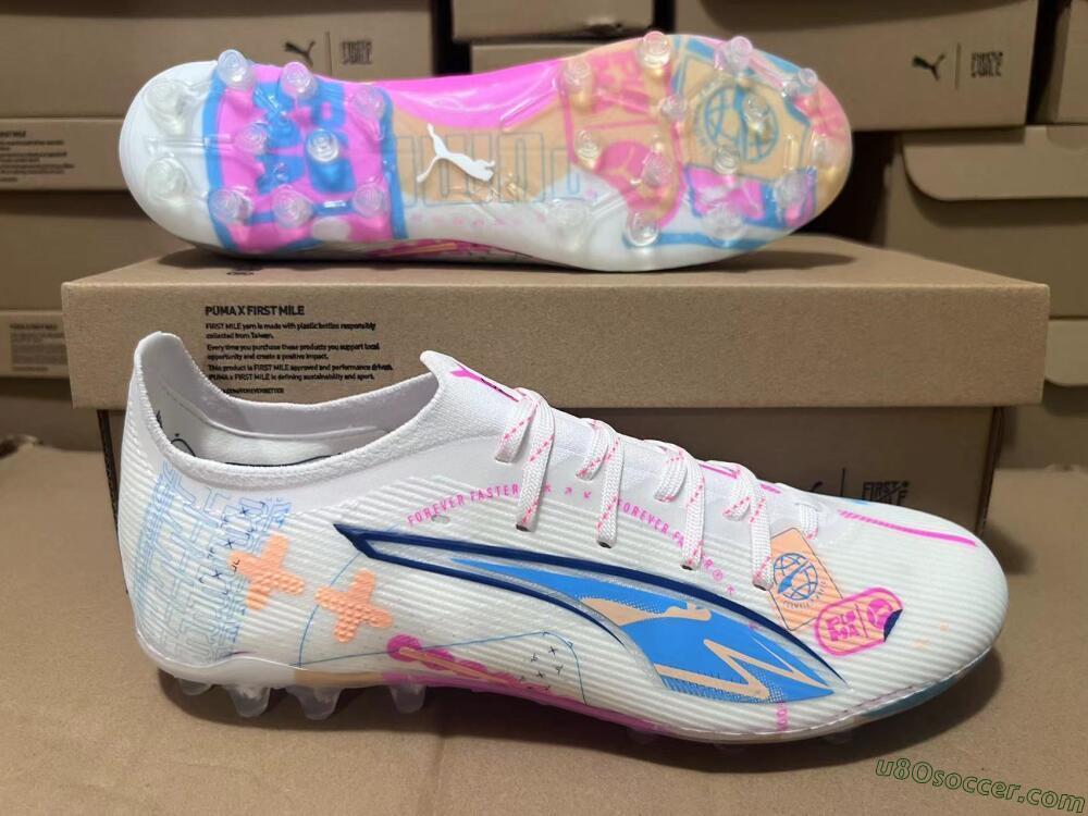 Puma Ultra 5 Ultimate MG Multi Ground Soccer Cleats - White/Blue/Pink
