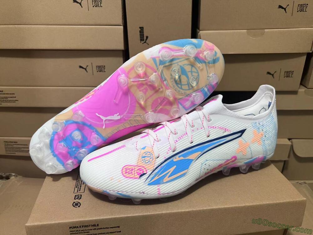 Puma Ultra 5 Ultimate MG Multi Ground Soccer Cleats - White/Blue/Pink