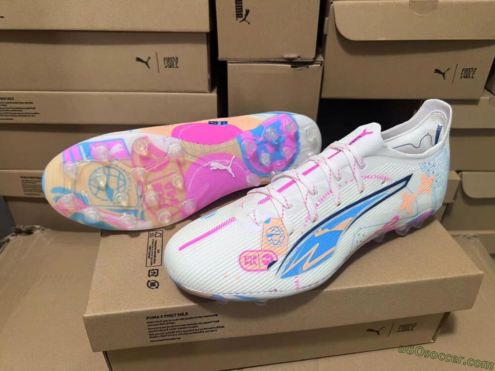 Puma Ultra 5 Ultimate MG Multi Ground Soccer Cleats - White/Blue/Pink
