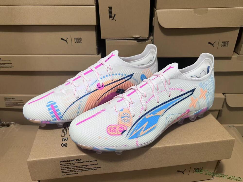 Puma Ultra 5 Ultimate MG Multi Ground Soccer Cleats - White/Blue/Pink