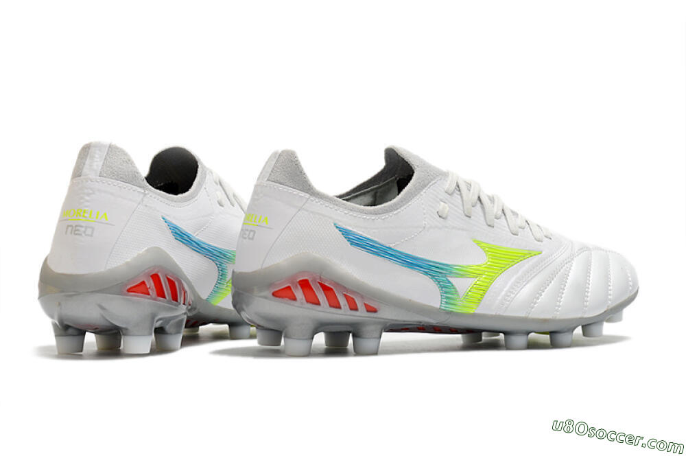 Mizuno Morelia Neo 3 FG Firm Ground Soccer Cleats - White/Rainbow/Silver 6