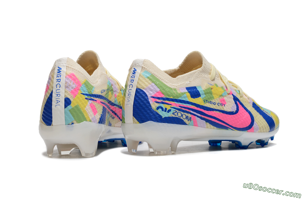 Kids Nike Air Zoom Mercurial Vapor 15 Elite FG Firm Ground Soccer Cleats - Beige/Blue/Yellow/Pink 6