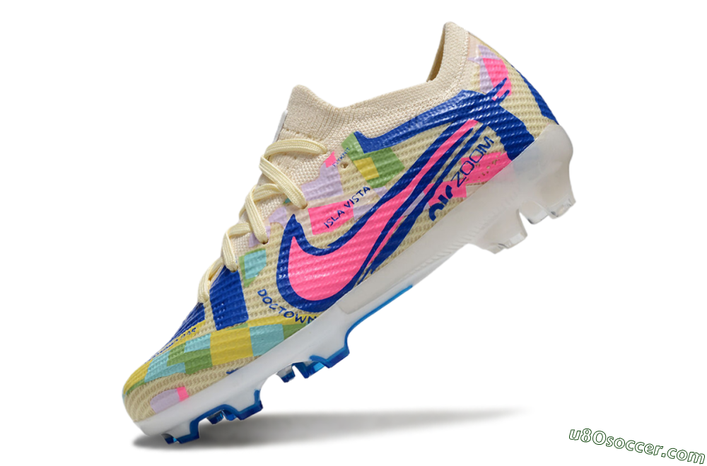 Kids Nike Air Zoom Mercurial Vapor 15 Elite FG Firm Ground Soccer Cleats - Beige/Blue/Yellow/Pink 5