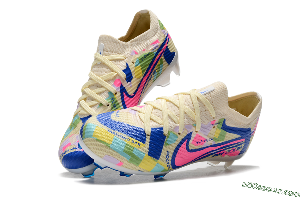 Kids Nike Air Zoom Mercurial Vapor 15 Elite FG Firm Ground Soccer Cleats - Beige/Blue/Yellow/Pink 3