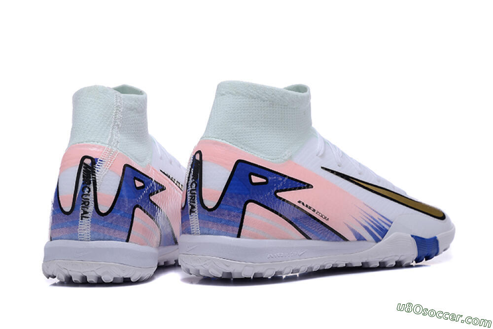 Nike Air Zoom Mercurial Superfly 10 Elite TF Artificial Turf Soccer Shoes - White/Gold/Blue/Pink 6
