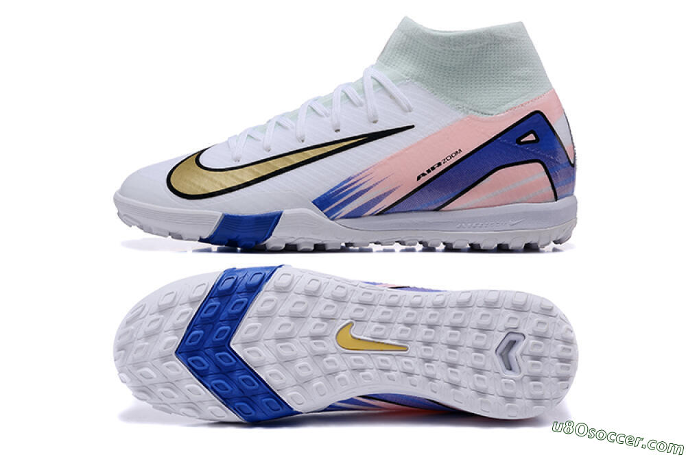 Nike Air Zoom Mercurial Superfly 10 Elite TF Artificial Turf Soccer Shoes - White/Gold/Blue/Pink 0