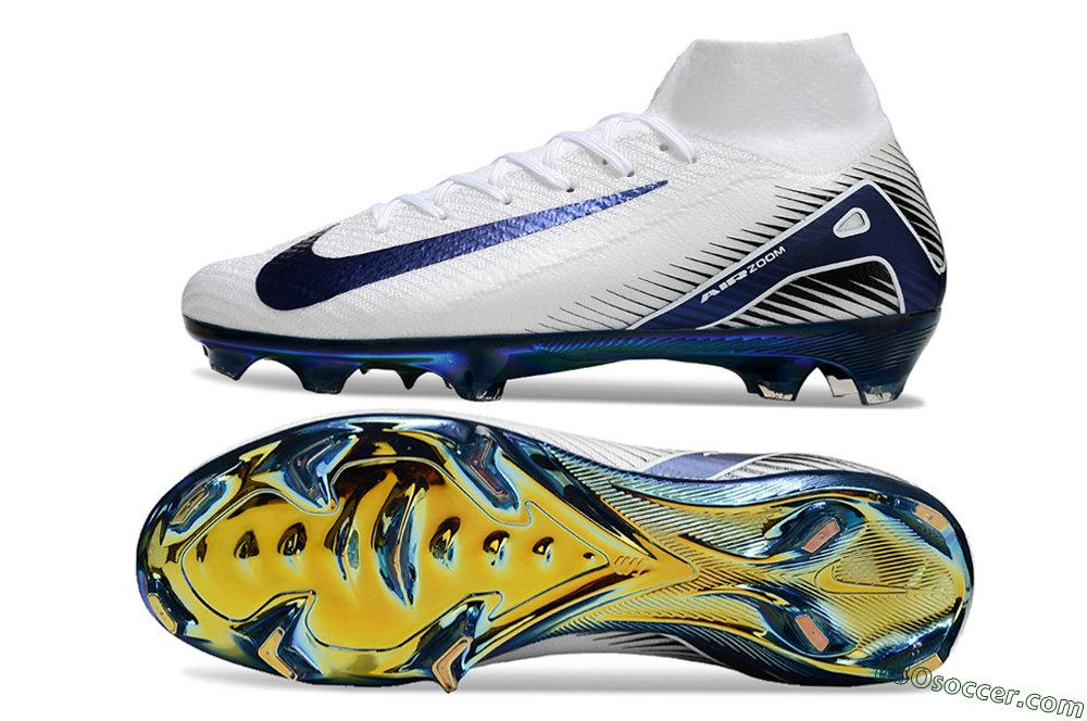 Nike Air Zoom Mercurial Superfly 10 Elite FG Firm Ground Soccer Cleats - White/Blue/Gold 0