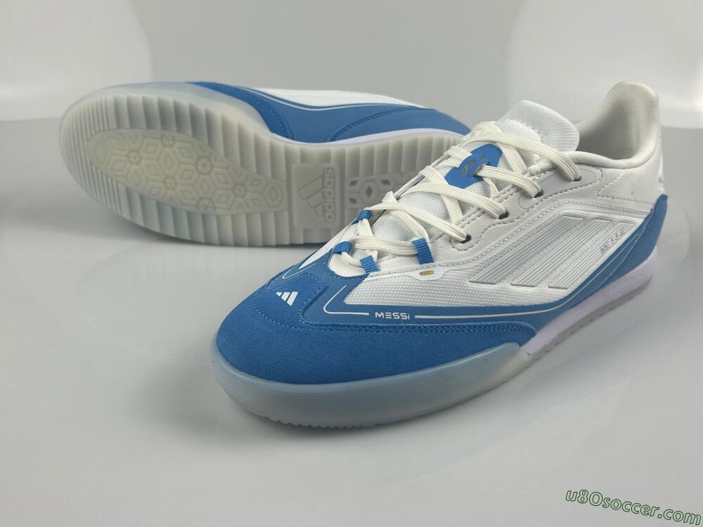 Messi Adizero F50 Freestyle IC Indoor & Futsal Soccer Shoes - White/Blue/Grey