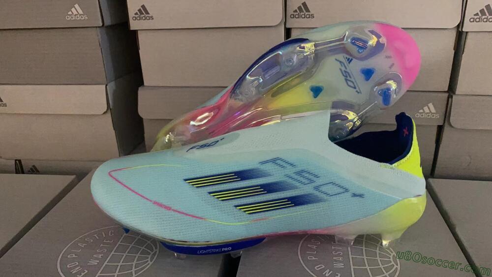 Adidas F50+ Lightstrike Elite Laceless FG Firm Ground Soccer Cleats - Blue/Yellow/Pink