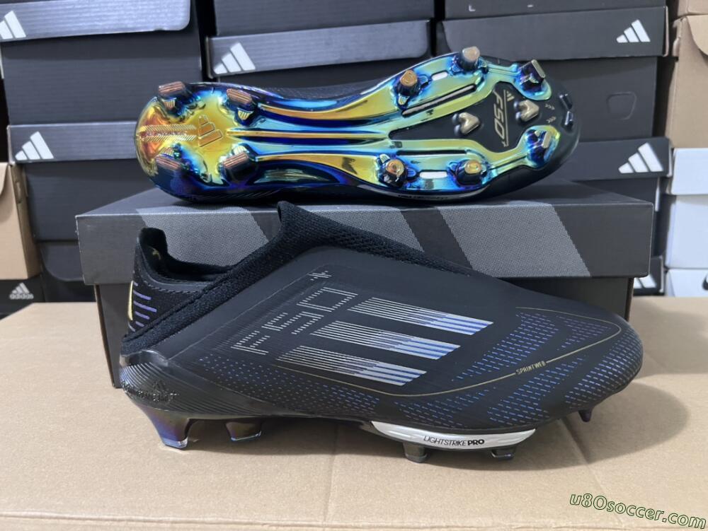 Adidas F50+ Lightstrike Pro Laceless FG Firm Ground Soccer Cleats - Core Black/Iron Metallic/Gold Metallic
