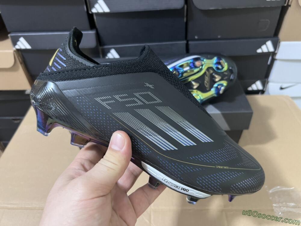 Adidas F50+ Lightstrike Pro Laceless FG Firm Ground Soccer Cleats - Core Black/Iron Metallic/Gold Metallic