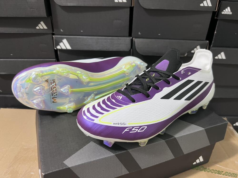 Messi x Adidas F50 Elite FG Firm Ground Soccer Cleats - White/Black/Purple