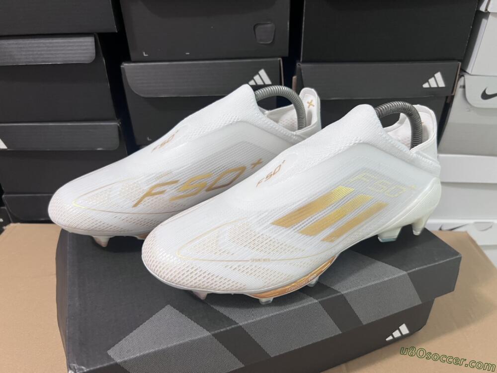 Adidas F50+ Lightstrike Pro Laceless FG Firm Ground Soccer Cleats - Cloud White/Gold Metallic/Cloud White