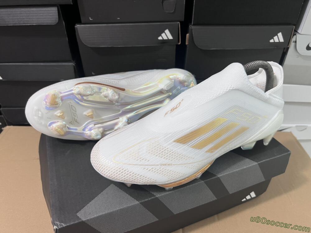 Adidas F50+ Lightstrike Pro Laceless FG Firm Ground Soccer Cleats - Cloud White/Gold Metallic/Cloud White