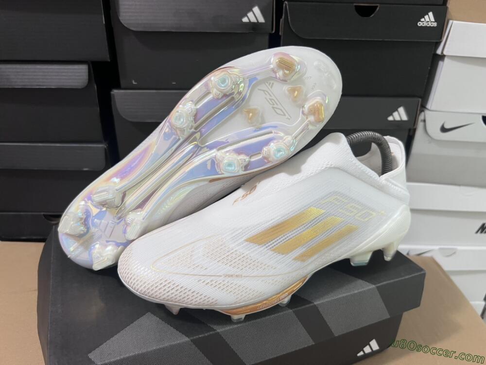 Adidas F50+ Lightstrike Pro Laceless FG Firm Ground Soccer Cleats - Cloud White/Gold Metallic/Cloud White