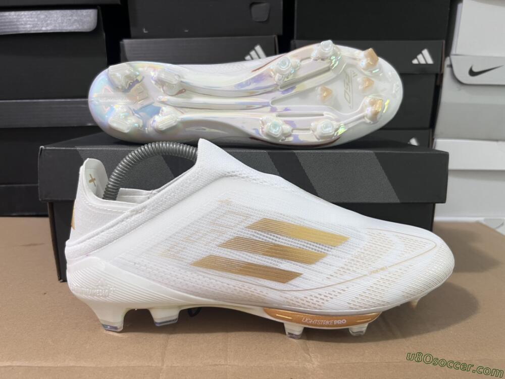Adidas F50+ Lightstrike Pro Laceless FG Firm Ground Soccer Cleats - Cloud White/Gold Metallic/Cloud White