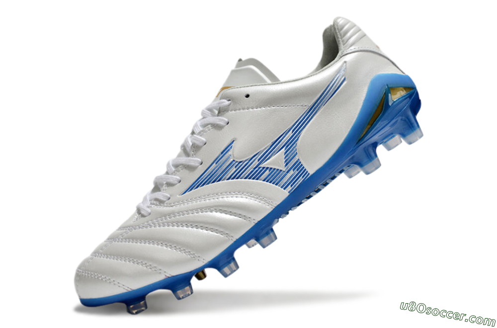 Mizuno Morelia Neo 4 FG Firm Ground Soccer Cleats - White/Blue/Gold 5