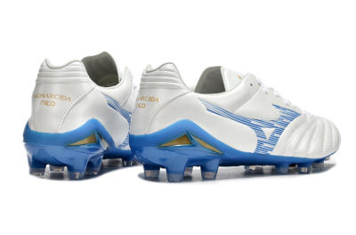 Mizuno Morelia Neo 4 FG Firm Ground Soccer Cleats - White/Blue/Gold