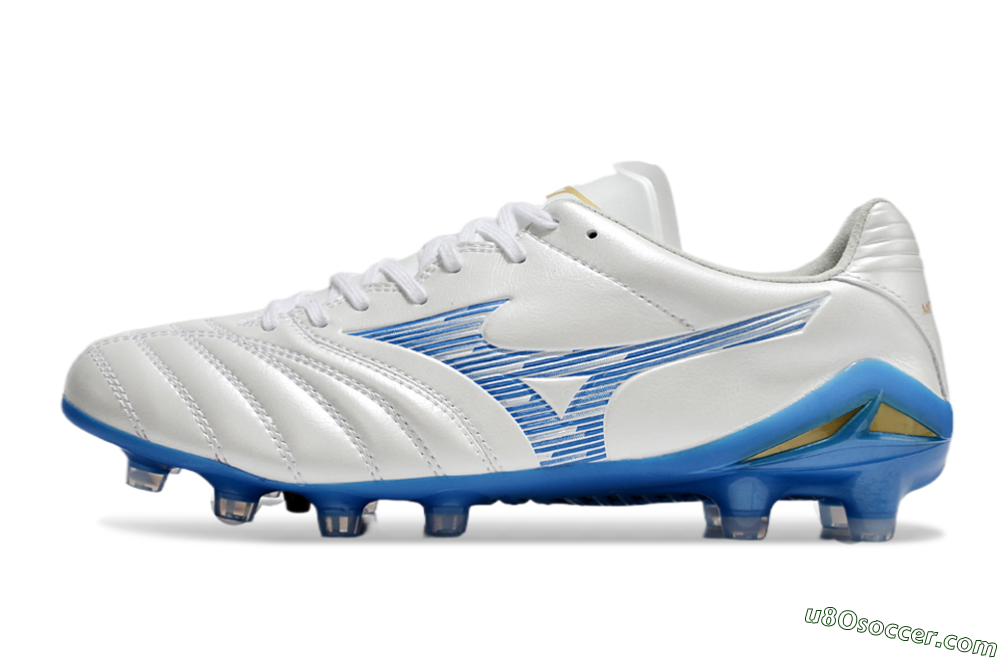 Mizuno Morelia Neo 4 FG Firm Ground Soccer Cleats - White/Blue/Gold 2