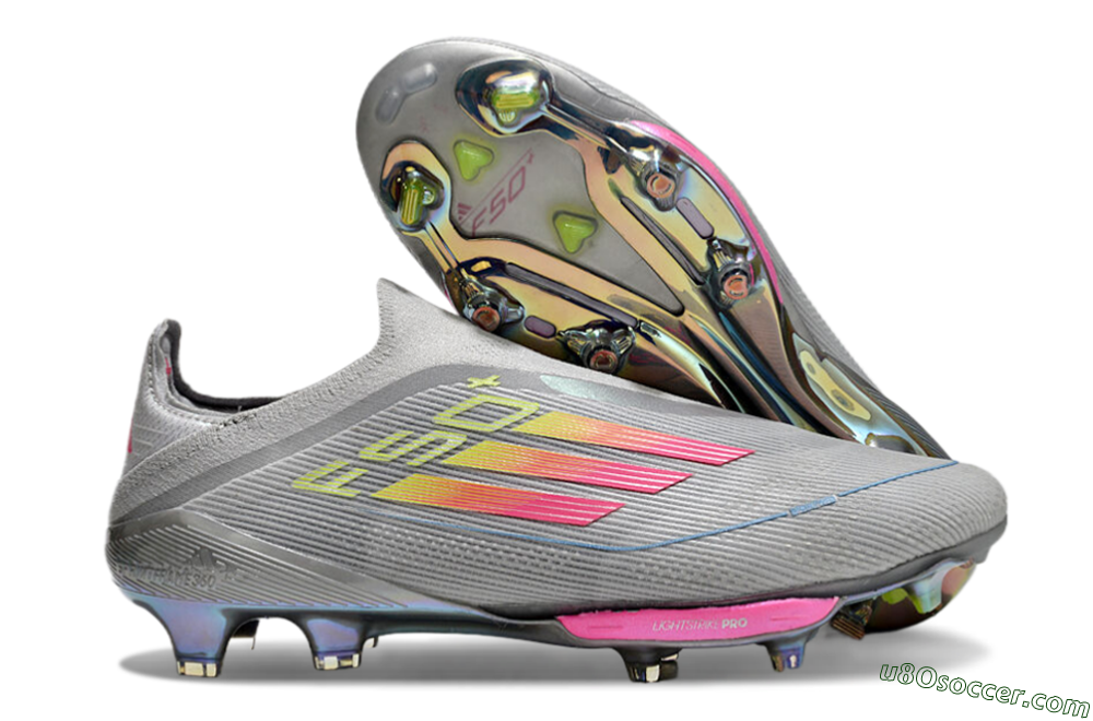 Adidas F50+ Lightstrike Elite Laceless FG Firm Ground Soccer Cleats - Grey/Pink/Yellow 1