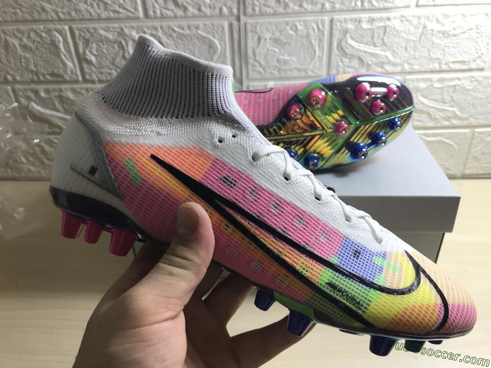 Nike Mercurial Superfly 8 Elite AG Artificial Grass Soccer Cleats - White/Pink/Blue/Yellow