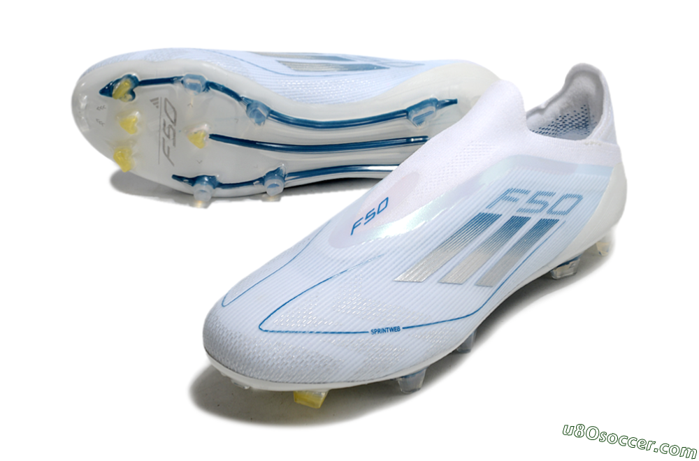 Adidas F50 Elite Laceless FG Firm Ground Soccer Cleats - White/Silver/Blue 3