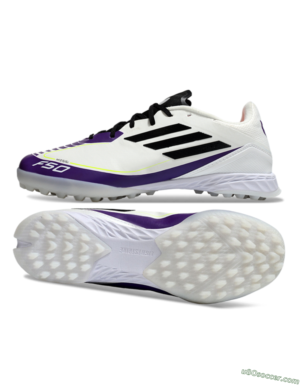Messi x Adidas F50 Pro TF Artificial Turf Soccer Shoes - White/Black/Purple 0